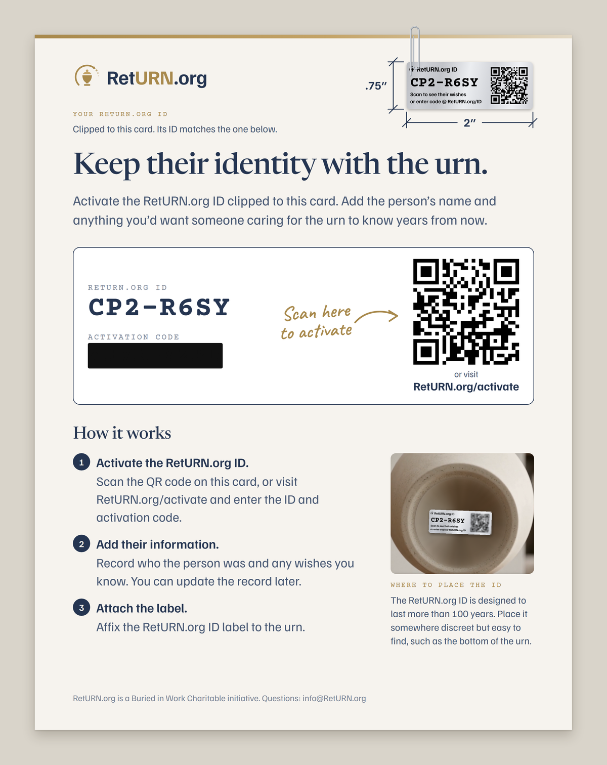 The RetURN.org activation sheet with its ID label attached. The label measures 2 inches by 0.75 inches and shows the ID CP2-R6SY and a QR code. The sheet shows the same ID, a blacked-out activation code, a QR code to scan to activate, and the three steps.