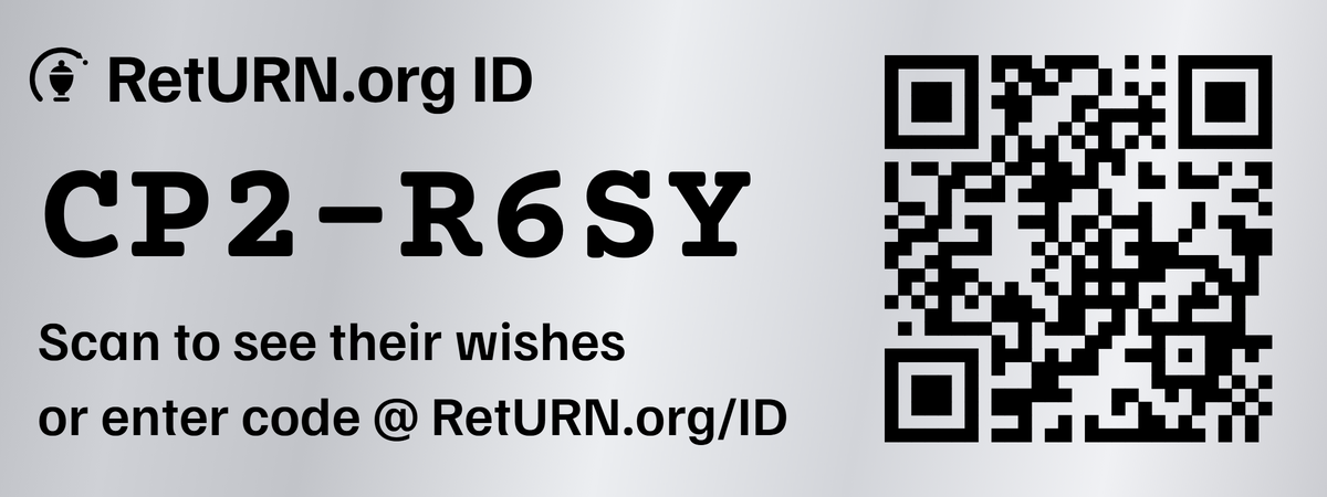 A RetURN.org ID label: black print on bare silver aluminum showing the RetURN.org ID wordmark, the code CP2-R6SY, the line Scan to see their wishes or enter code at RetURN.org/ID, and a QR code.